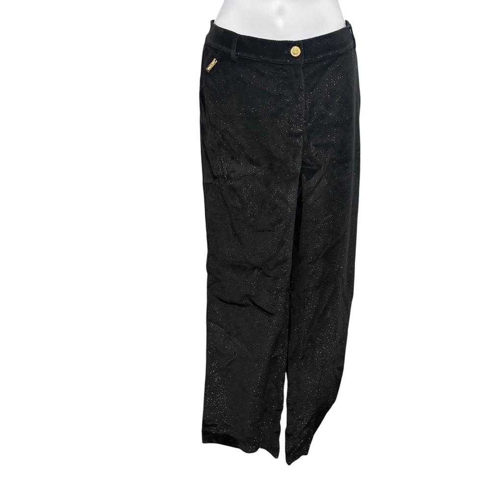 St John Sport Women's Black Glitter Velvet Wide Leg Holiday Pants Size 14 34x30"